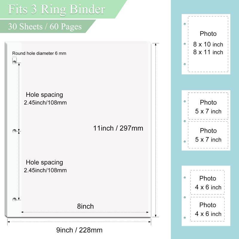 Dxmimer 11 x 9 Inch Photo Album Refill Pages,Album Pages for 3 Ring Binder,Photo Album Self Adhesive Pages, for 2x3 4x6 5x7 8x10 Replacement Photo Album Sheets (30 Sheets/ 60 Pages) - Image 2